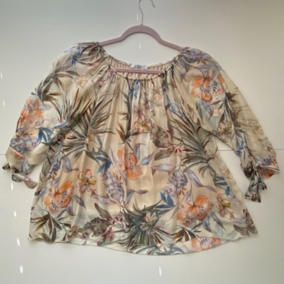 Tempo Paris Floral Italian Silk Blouse Sheer Overlay Boat Neck 3/4 Sleeve Size M - Picture 4 of 13